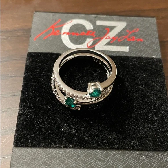 Kenneth Jay Lane Silver Spiral Ring with Emerald Green Crystals - Picture 7 of 8